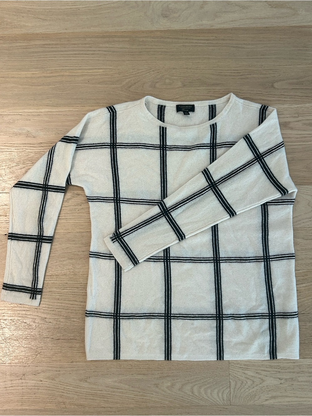 Charter Club Cream Crewneck Sweater with Black Windowpane